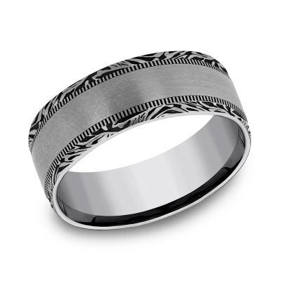 Tungsten Milgrain and Mokume Pattern Edge Comfort Fit Band 8mm