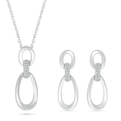 1/8ctw Diamond Drop Sterling Silver Earrings and Pendant Necklace Set