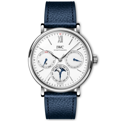 IWC Portofino Perpetual Calendar Moonphase Silver-Tone Dial Blue Leather Strap Watch 40mm - IW344601