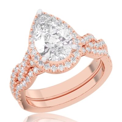 3 3/4ctw Pear Lab Grown Diamond Halo Twist Band Rose Gold Engagement and Wedding Ring Bridal Set