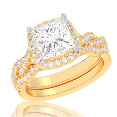 3 3/4ctw Princess Lab Grown Diamond Halo Twist Band Yellow Gold Engagement and Wedding Ring Bridal Set