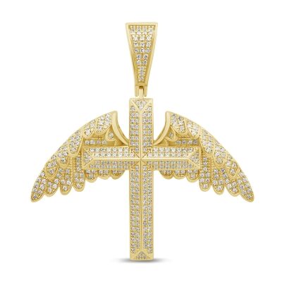 3/4ctw Diamond Yellow Gold Angel Wings Cross Pendant