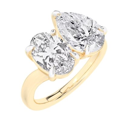 4ctw Oval and Pear Lab Grown Diamond Toi et Moi Yellow Gold Engagement Ring