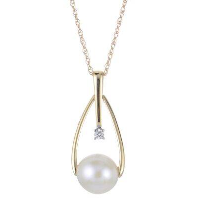 7-7.5mm Freshwater Cultured Pearl and Diamond Accent Yellow Gold Pendant Necklace