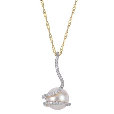 8.5-9mm Akoya Cultured Pearl and 1/5ctw Diamond Yellow Gold Pendant Necklace