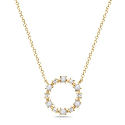 Bassali Freshwater Cultured Pearl and 1/10ctw Diamond Yellow Gold Circle Necklace