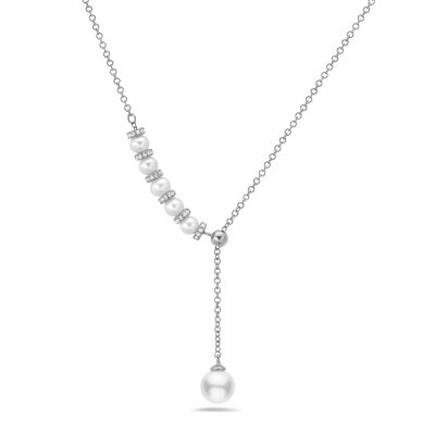 Bassali Freshwater Cultured Pearl and 1/6ctw Diamond White Gold Lariat Necklace