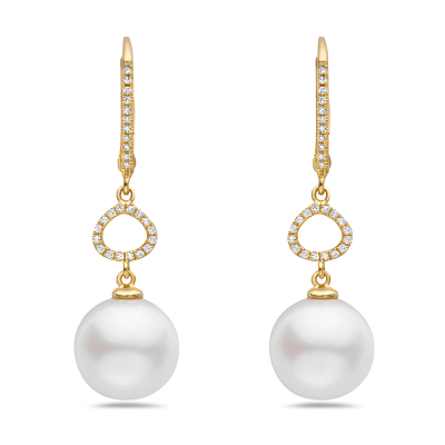 Bassali Freshwater Cultured Pearl and 1/8ctw Diamond Yellow Gold Drop Earrings