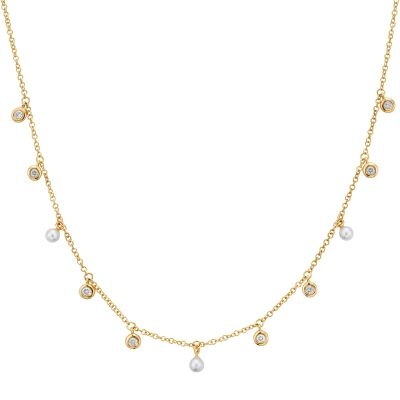 Bassali Freshwater Cultured Pearl and 1/8ctw Diamond Yellow Gold Station Necklace