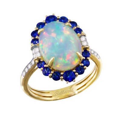 BELLARRI Athena Opal, Blue Sapphire, and 1/10ctw Diamond Yellow Gold Ring