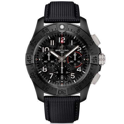 Breitling Avenger B01 Chronograph 44 Night Mission Black Dial Leather Strap Watch - SB0147101B1X1