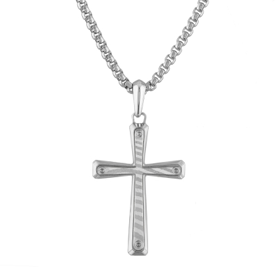 Bulova Icon Damascus Steel Inlay Cross Sterling Silver Pendant Necklace