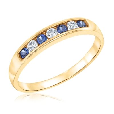 Created Blue Sapphire and Diamond Ring 1/8ctw
