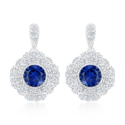 Downton Abbey | Cora Grantham - Created Blue Sapphire Milgrain Halo Sterling Silver Earrings