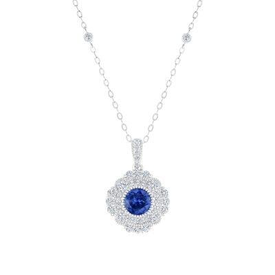 Downton Abbey | Cora Grantham - Created Blue Sapphire Milgrain Halo Sterling Silver Pendant Necklace