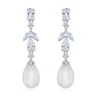Downton Abbey | Lady Edith - Freshwater Cultured Pearl and Created White Sapphire Sterling Silver Drop Earrings