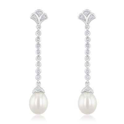 Downton Abbey | Lady Edith - Freshwater Cultured Pearl and Created White Sapphire Drop Sterling Silver Earrings