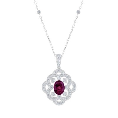 Downton Abbey | Lady Mary - Oval Rhodolite Garnet and Created White Sapphire Milgrain Scroll Sterling Silver Necklace