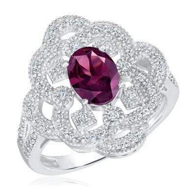 Downton Abbey | Lady Mary - Oval Rhodolite Garnet and Created White Sapphire Milgrain Scroll Sterling Silver Ring