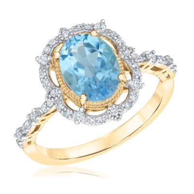 Downton Abbey Cora Grantham - Oval Sky Blue Topaz and 1/4ctw Diamond Yellow Gold Ring