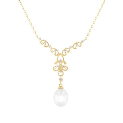 Downton Abbey | Lady Edith - Freshwater Cultured Pearl and 1/10ctw Diamond Yellow Gold Pendant Necklace