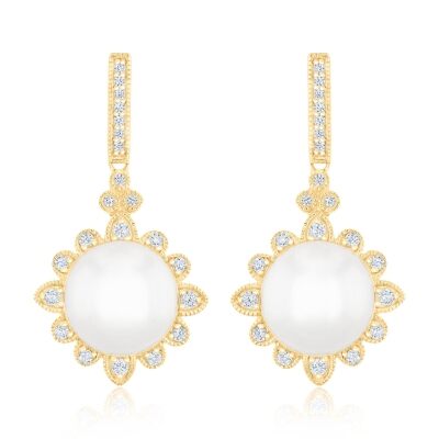 Downton Abbey | Lady Edith - Freshwater Cultured Pearl and 1/4ctw Diamond Yellow Gold Drop Earrings