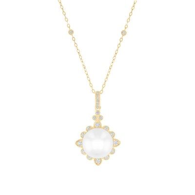 Downton Abbey | Lady Edith - Freshwater Cultured Pearl and 1/4ctw Diamond Yellow Gold Pendant Necklace