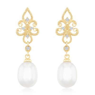Downton Abbey | Lady Edith - Freshwater Cultured Pearl and Diamond Accent Yellow Gold Drop Earrings