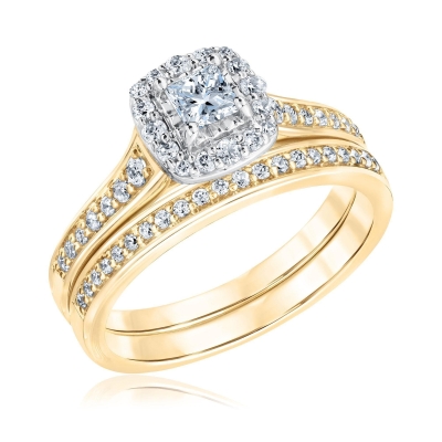 3/4ctw Princess Diamond Halo Yellow Gold Engagement and Wedding Ring Bridal Set | Glow Collection