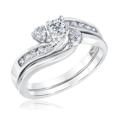 1/2ctw Round Diamond Three-Stone White Gold Engagement and Wedding Ring Bridal Set | Timeless Collection