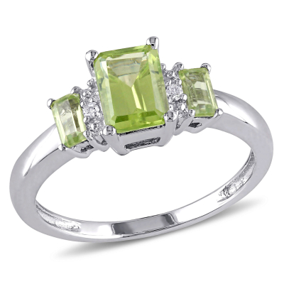 Emerald-Cut, Baguette, and Round Peridot and 1/20ctw Diamond White Gold Ring