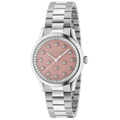 Gucci G-Timeless Bee-Motif Pink Dial and Stainless Steel Bracelet Watch | 32mm | YA1265033