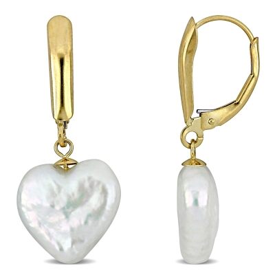 Heart-Shaped Freshwater Cultured Pearl Yellow Gold Leverback Earrings