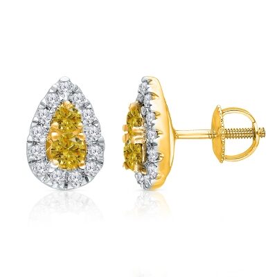 Kallati 3/8ctw Fancy Yellow Diamond and Diamond Pear Halo Yellow Gold Stud Earrings