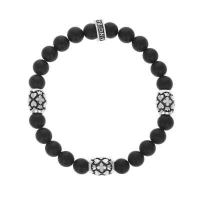 King Baby Black Onyx Beaded Bracelet with 3 Sterling Silver Motif Barrel Beads | 8.75 Inches