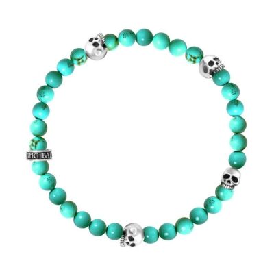 King Baby Turquoise Beaded Stretch Bracelet with 4 Sterling Silver Skulls | 6mm