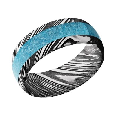Lashbrook Woodgrain Damascus Steel with Turquoise Inlay Comfort Fit Band, 8mm