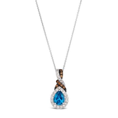 Le Vian® Deep Sea Blue Topaz™ 1/3ctw Nude Diamonds™ and Chocolate Diamonds® 14k Vanilla Gold® Halo Pendant Necklace