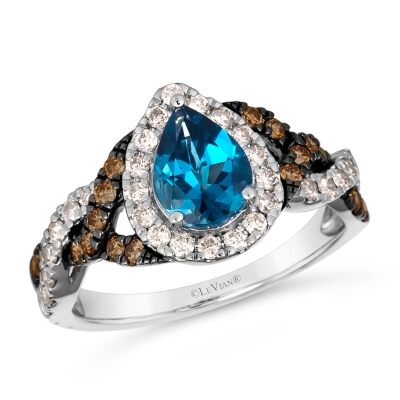 Le Vian® Deep Sea Blue Topaz™ 5/8ctw Nude Diamonds™ and Chocolate Diamonds® 14k Vanilla Gold® Halo Ring