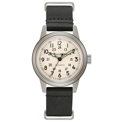 Men's Bulova Military Hack Automatic Black Leather NATO Strap Watch | 38mm | 96A246