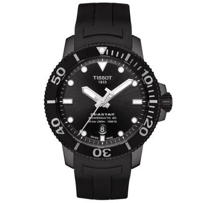 Tissot T-Sport Seastar 1000 Powermatic 80 Black Dial and Black Rubber Strap Watch | 43mm | T1204073705100