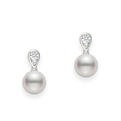 MIKIMOTO Morning Dew 1/5ctw Diamond and Akoya Cultured Pearl Earrings in 18k White Gold
