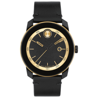 Movado BOLD TR90 Chronograph Black Dial Black Leather Strap Watch 42mm - 3601130