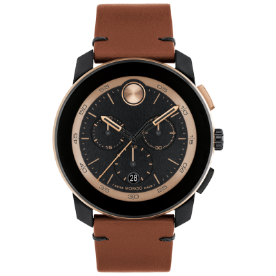 Movado BOLD TR90 Chronograph Black Dial Brown Leather Strap Watch 43.5mm - 3601115