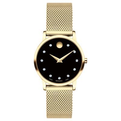 Movado Museum Classic Diamond Black Dial Yellow Gold-Tone Mesh Bracelet Watch | 28mm | 0607628