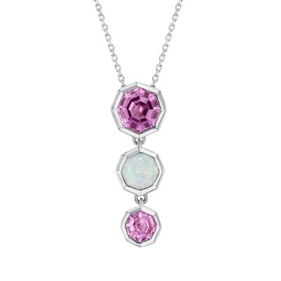 Octagon Created Pink Sapphire and Created Opal Sterling Silver Pendant Necklace