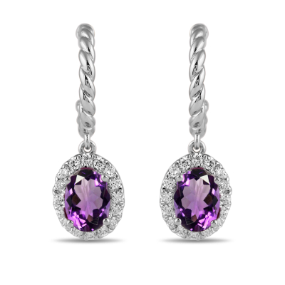 Oval Amethyst and 1/3ctw Lab Grown Diamond White Gold Hoop Drop Earrings