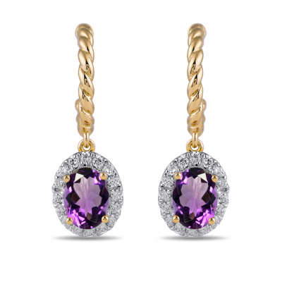Oval Amethyst and 1/3ctw Lab Grown Diamond Yellow Gold Hoop Drop Earrings