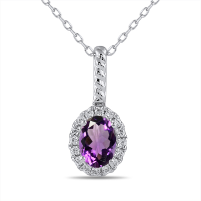 Oval Amethyst and 1/6ctw Lab Grown Diamond Halo White Gold Pendant Necklace