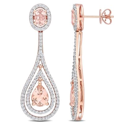 Oval and Pear-Shaped Morganite and 1ctw Diamond Halo Rose Gold Teardrop Earrings